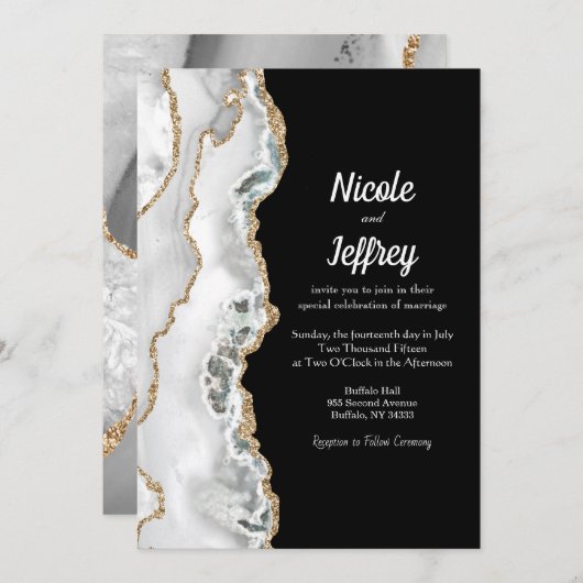 Uitnodiging tot bruiloft in zwart-wit Agate Elegan (Voorkant / Achterkant)