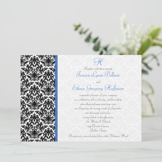 Uitnodiging tot bruiloft in zwart, wit, blauw (Staand voorkant)