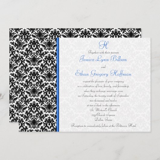 Uitnodiging tot bruiloft in zwart, wit, blauw (Voorkant / Achterkant)