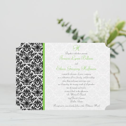 Uitnodiging tot bruiloft in zwart, wit, groen (Staand voorkant)