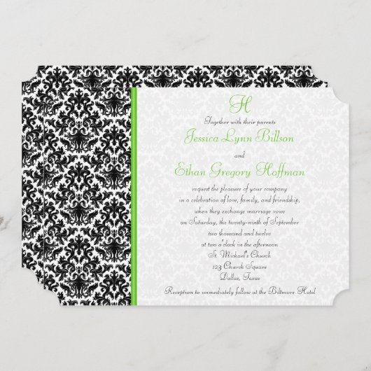 Uitnodiging tot bruiloft in zwart, wit, groen (Voorkant / Achterkant)