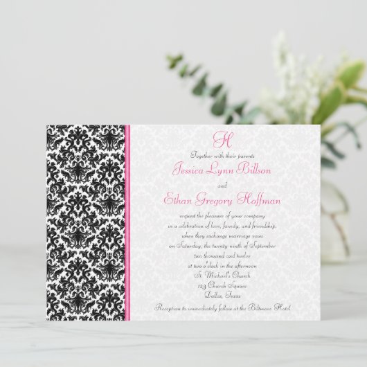Uitnodiging tot bruiloft in zwart, wit, roze (Staand voorkant)