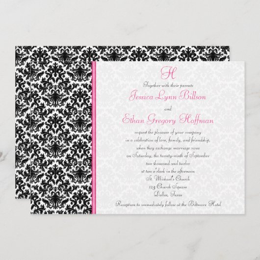 Uitnodiging tot bruiloft in zwart, wit, roze (Voorkant / Achterkant)