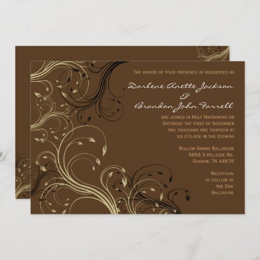 Uitnodiging tot bruiloft in zwarte, bruine en witt (Voorkant / Achterkant)