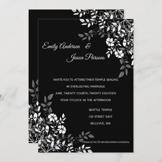 Uitnodiging tot bruiloft in zwarte en witte Floral (Voorkant / Achterkant)