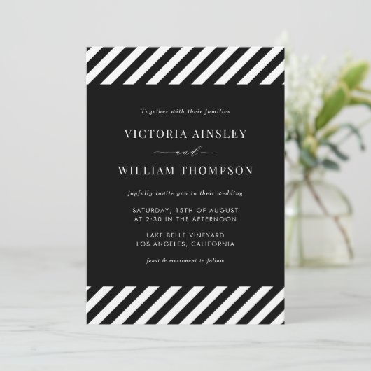 Uitnodiging tot bruiloft in zwarte en witte modern (Staand voorkant)