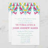 Uitnodiging tot bruiloft met donkerroze roze gele  (Voorkant / Achterkant)