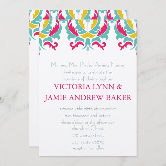 Uitnodiging tot bruiloft met donkerroze roze gele  (Voorkant / Achterkant)