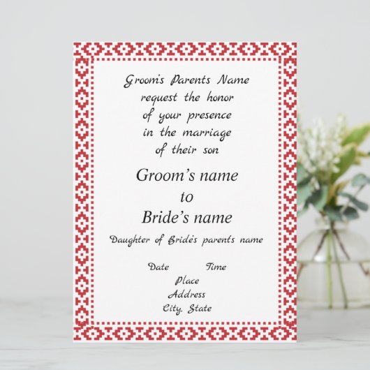 Uitnodiging tot bruiloft met witte en rode tatreez (Staand voorkant)