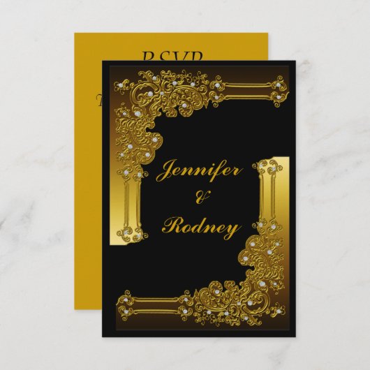 Uitnodiging tot bruiloft met zwarte en gouden RSVP (Voorkant / Achterkant)