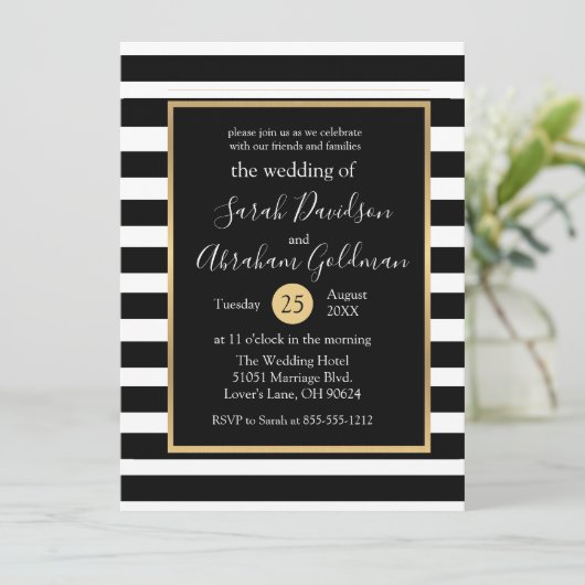 Uitnodiging tot bruiloft met zwarte en witte strep (Staand voorkant)