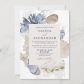 Uitnodiging tot bruiloft op kuststrand blue seashe (Voorkant)