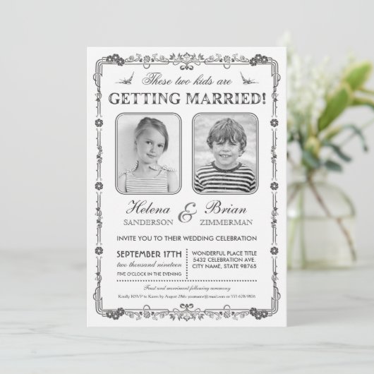Uitnodiging tot bruiloft op oude schoolfoto's (Staand voorkant)