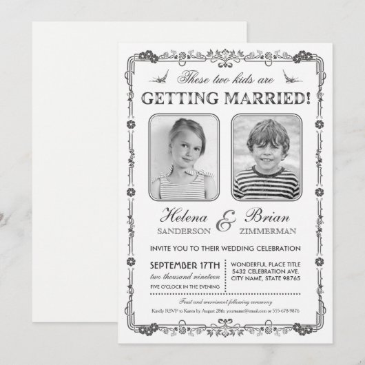 Uitnodiging tot bruiloft op oude schoolfoto's (Voorkant / Achterkant)