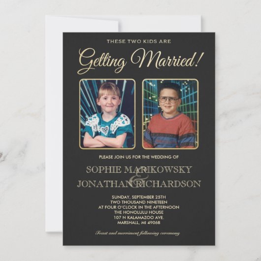 Uitnodiging tot bruiloft op oude schoolfoto's (Voorkant)