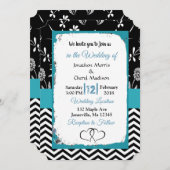 Uitnodiging tot bruiloft rond zwarte en blauwe Flo (Voorkant / Achterkant)