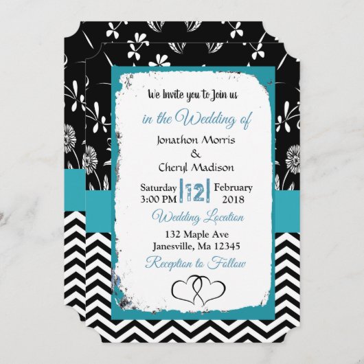 Uitnodiging tot bruiloft rond zwarte en blauwe Flo (Voorkant / Achterkant)
