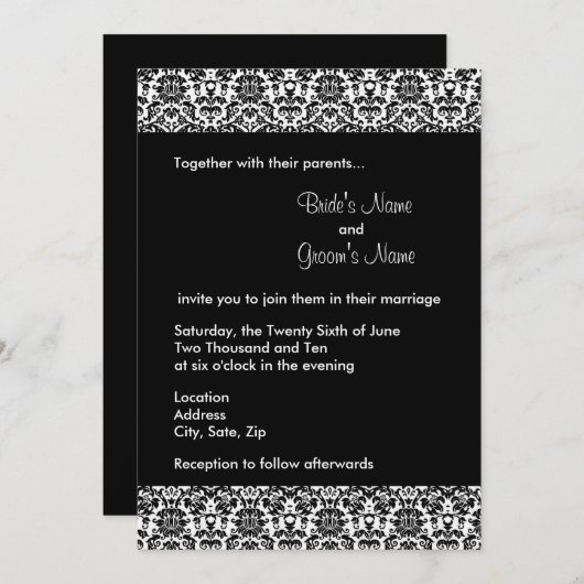 Uitnodiging tot bruiloft tussen zwart en wit (Voorkant / Achterkant)