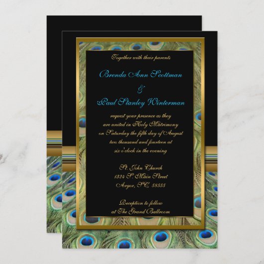 Uitnodiging tot bruiloft tussen zwarte en gouden p (Voorkant / Achterkant)