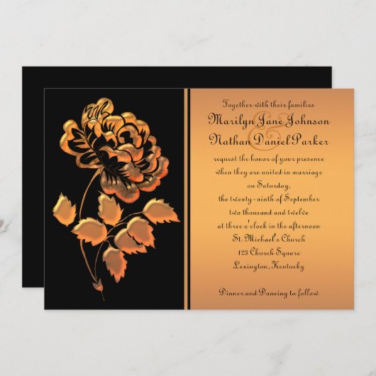 Uitnodiging tot bruiloft van Black en Copper Peony (Voorkant / Achterkant)