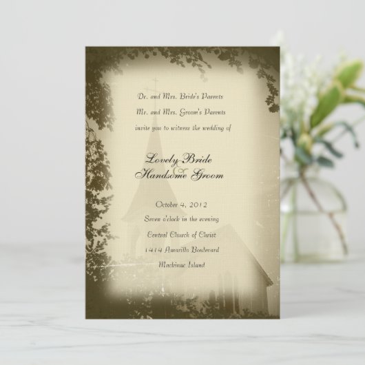 Uitnodiging tot bruiloft van historische kerkmakre (Staand voorkant)