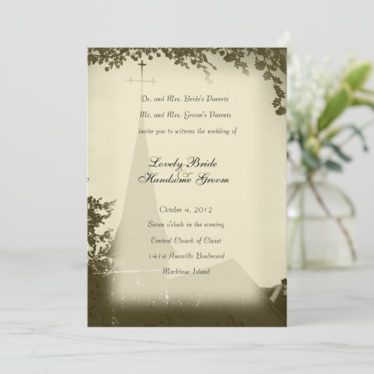 Uitnodiging tot bruiloft van historische kerkmakre (Staand voorkant)