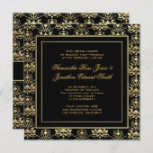 Uitnodiging tot bruiloft via Black & Gold Damask (Voorkant / Achterkant)