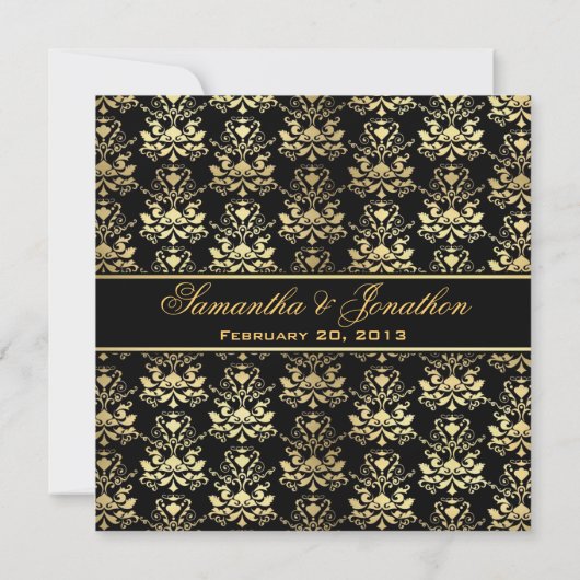 Uitnodiging tot bruiloft via Black & Gold Damask (Achterkant)