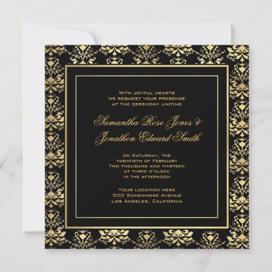 Uitnodiging tot bruiloft via Black & Gold Damask (Voorkant)