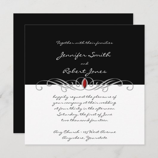 Uitnodiging tot bruiloft via een zwart-wit en ruby (Voorkant / Achterkant)