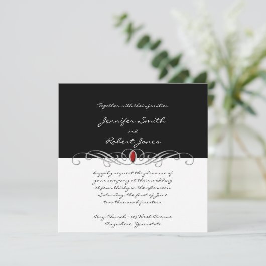 Uitnodiging tot bruiloft via een zwart-wit en ruby (Staand voorkant)