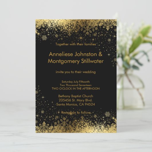 Uitnodiging tot bruiloft voor zwarte en goudsneeuw (Staand voorkant)