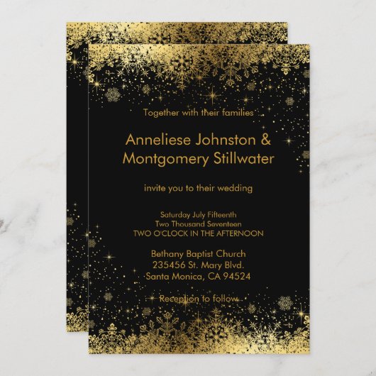 Uitnodiging tot bruiloft voor zwarte en goudsneeuw (Voorkant / Achterkant)