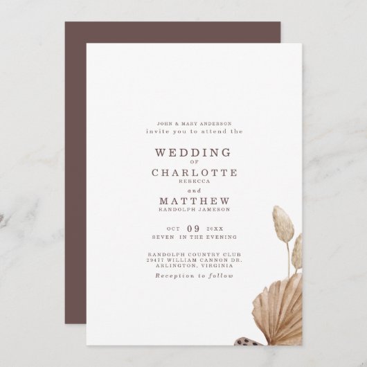 Uitnodiging tot bruin en beige Simple Wedding (Voorkant / Achterkant)