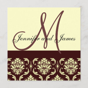 Uitnodiging tot bruin Ivory Damask Monogram bruilo