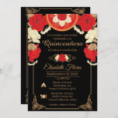 Uitnodiging tot charro, rood, zwart en goud (Voorkant / Achterkant)
