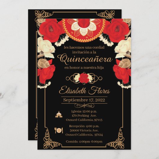 Uitnodiging tot charro, rood, zwart en goud (Voorkant / Achterkant)
