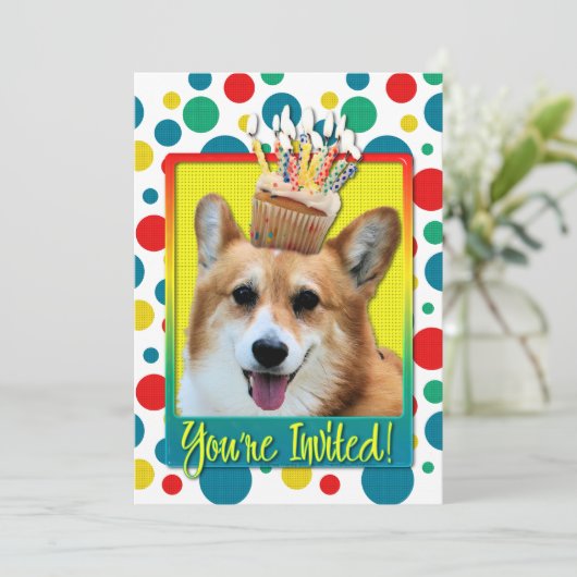 Uitnodiging tot cupcake - Corgi - Owen (Staand voorkant)