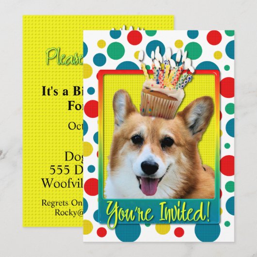 Uitnodiging tot cupcake - Corgi - Owen (Voorkant / Achterkant)