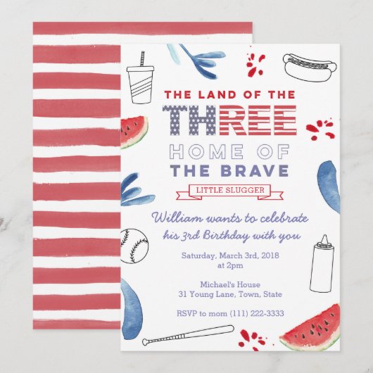 Uitnodiging tot Derde verjaardag Baseball, hotdog  (Voorkant / Achterkant)