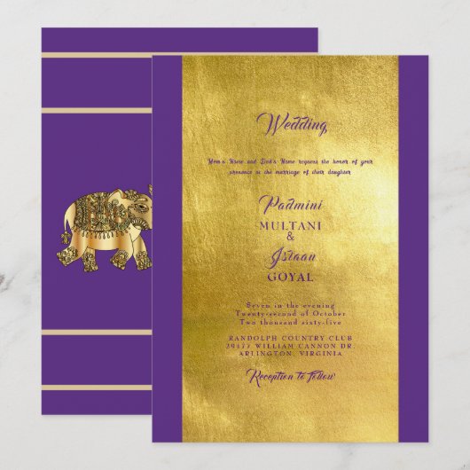 Uitnodiging tot diepgaande Paarse en gouden Indisc (Voorkant / Achterkant)