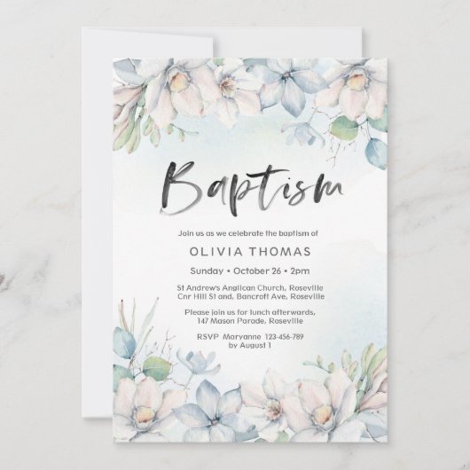 uitnodiging tot doop | blauwe winterbloemen (Voorkant)