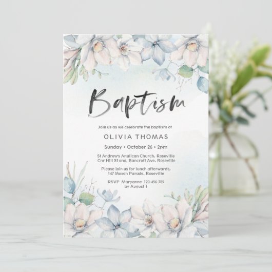 uitnodiging tot doop | blauwe winterbloemen (Staand voorkant)