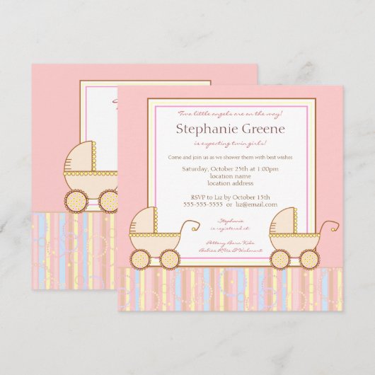 Uitnodiging tot dubbelCarriage Twin Girl Baby show (Voorkant / Achterkant)