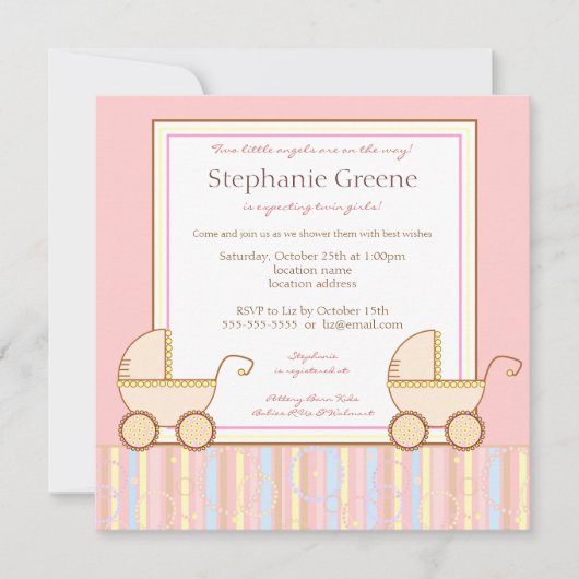 Uitnodiging tot dubbelCarriage Twin Girl Baby show (Voorkant)