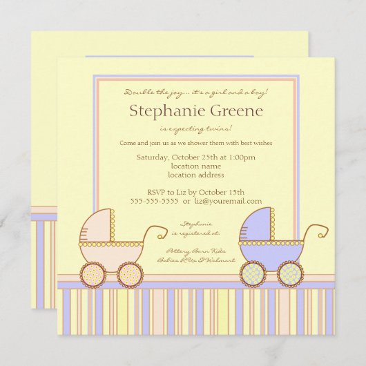 Uitnodiging tot dubbele carriage Twin Girl Boy Sho (Voorkant / Achterkant)