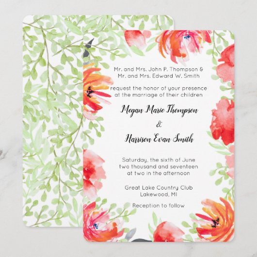 Uitnodiging tot een moderne Waterverf Rode Bloedwe (Voorkant / Achterkant)