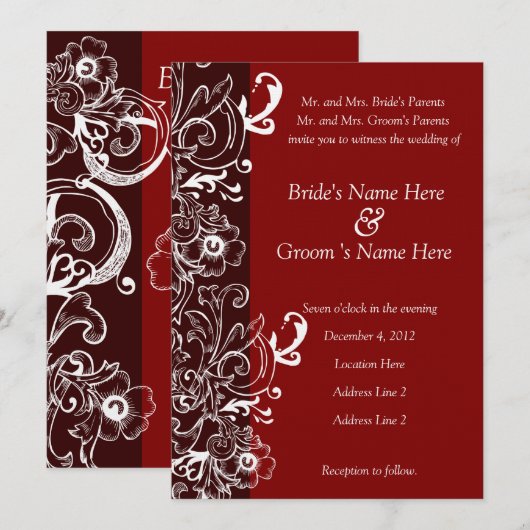Uitnodiging tot een rode en bruine Floral bruiloft (Voorkant / Achterkant)