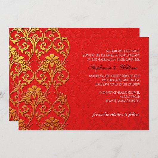 Uitnodiging tot een rode en goudzwevende bruiloft (Voorkant / Achterkant)