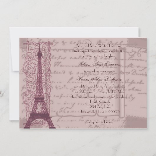 Uitnodiging tot een roze parisian Wedding (Voorkant)